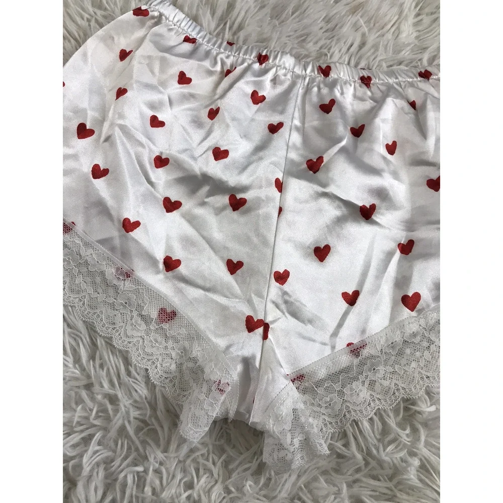Women's Satin Heart Print Pajama Lace Trim Cami Top Size Medium White